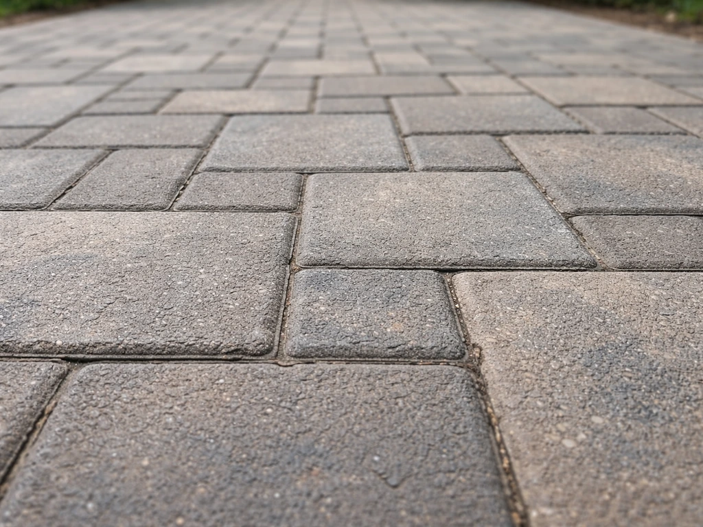 Close-up of a running-bond patio paver pattern with staggered joints and clean, offset seams.
