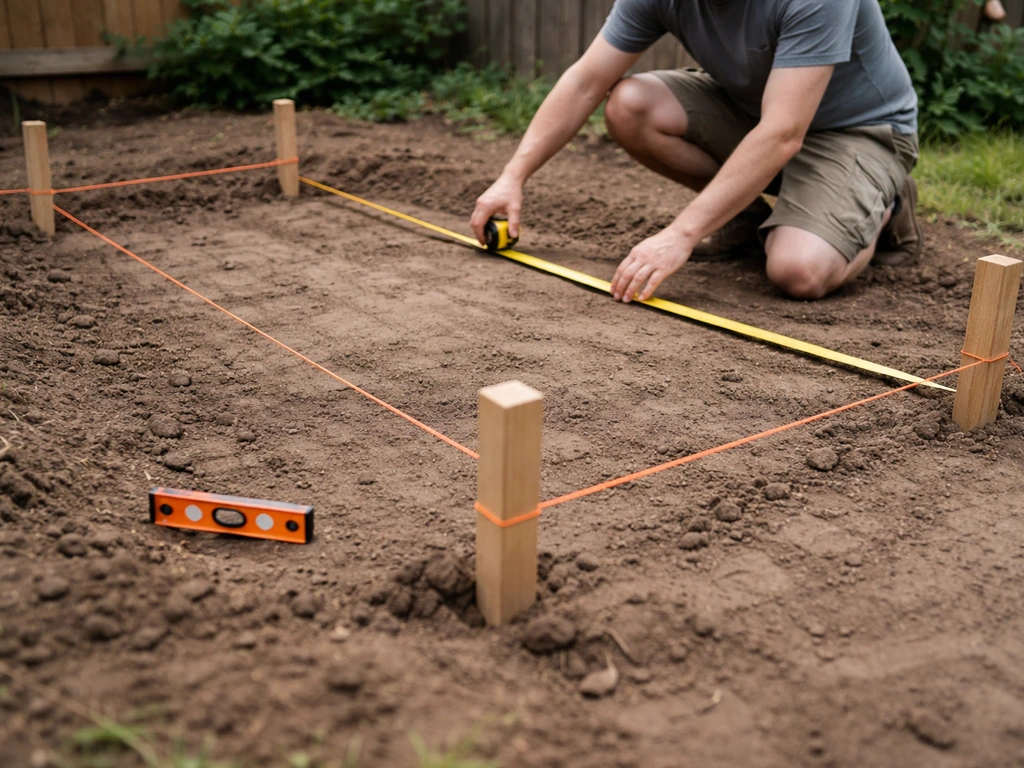 Homeowner kneeling while measuring a marked patio footprint with string lines, stakes, and a level tool