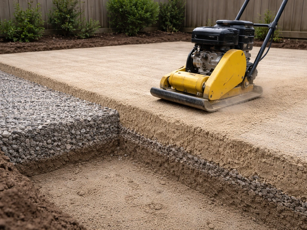 Vibrating plate compactor compressing bedding sand over layered patio base materials in a simple yard.