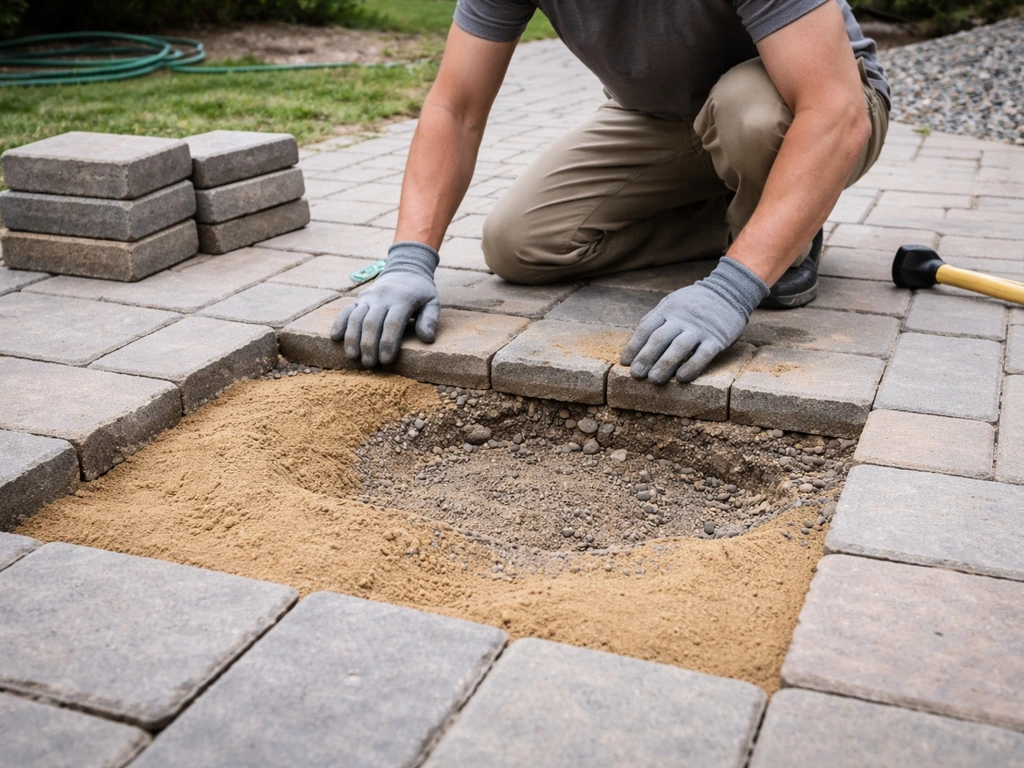 Removed pavers reveal a low, void area in the base with fresh bedding sand and compacted subbase beneath