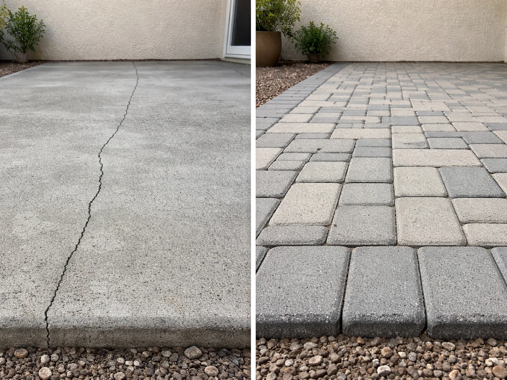 Side-by-side patio surfaces: a cracked concrete slab and a re-levelable paver field with textured finish.