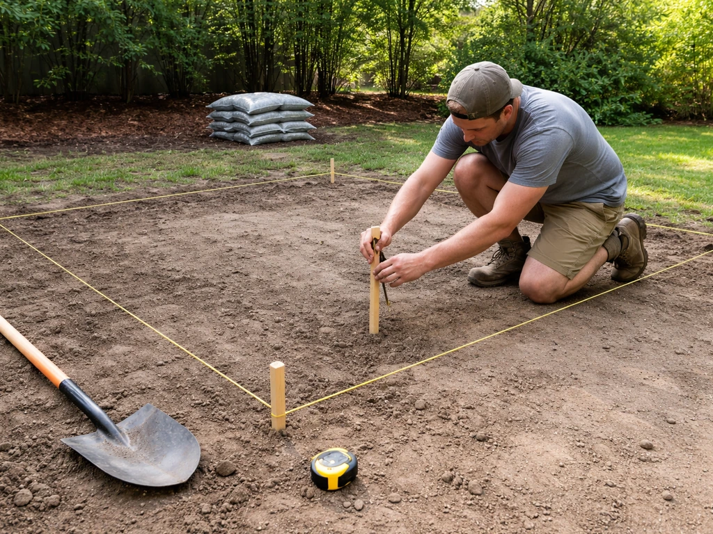 Kneeling DIY worker marks a backyard patio footprint with stakes and string on the ground.