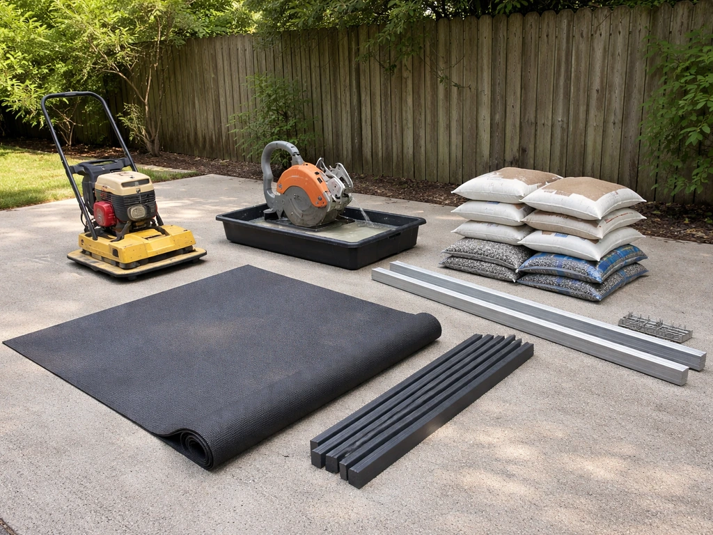 Patio tools and materials neatly staged: plate compactor, wet saw, sand and gravel, paver mat, screed rails, edging.