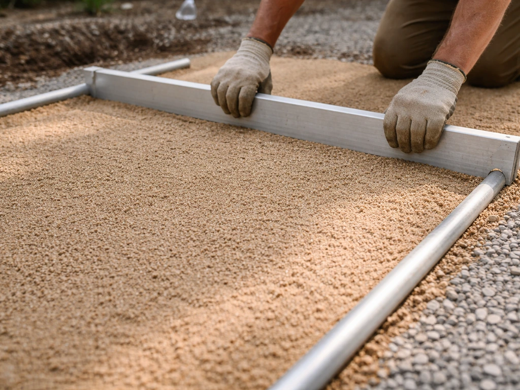 Coarse sand screeded to a uniform 1-inch depth using metal rails near a gravel base for paver installation.
