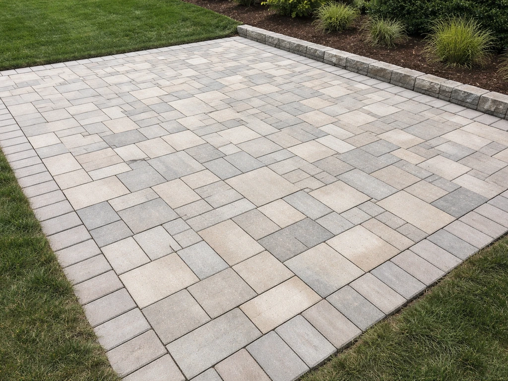Freshly laid patio pavers with neat edges and a visible drainage slope, ready to be sealed.