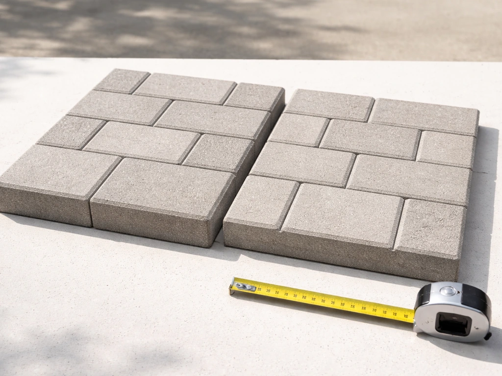 Outdoor patio paver mockup showing 60mm vs 80mm thickness and a running-bond pattern with a tape measure.