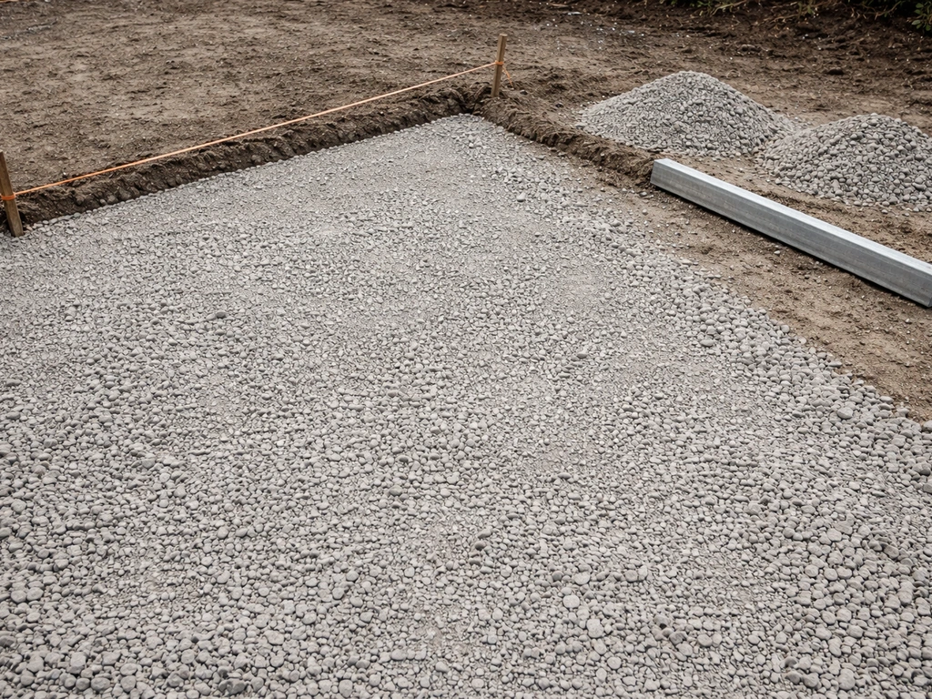 Compacted gravel patio base with string line grade guides and even surface ready for bedding sand.
