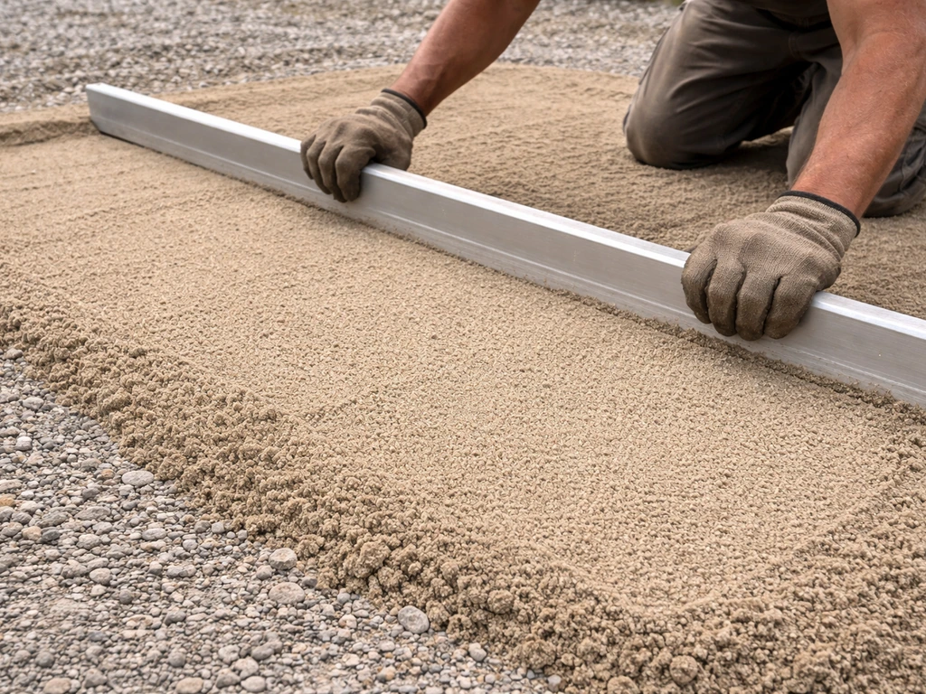Worker screeding coarse washed concrete sand to a level 1-inch depth over a compacted gravel base