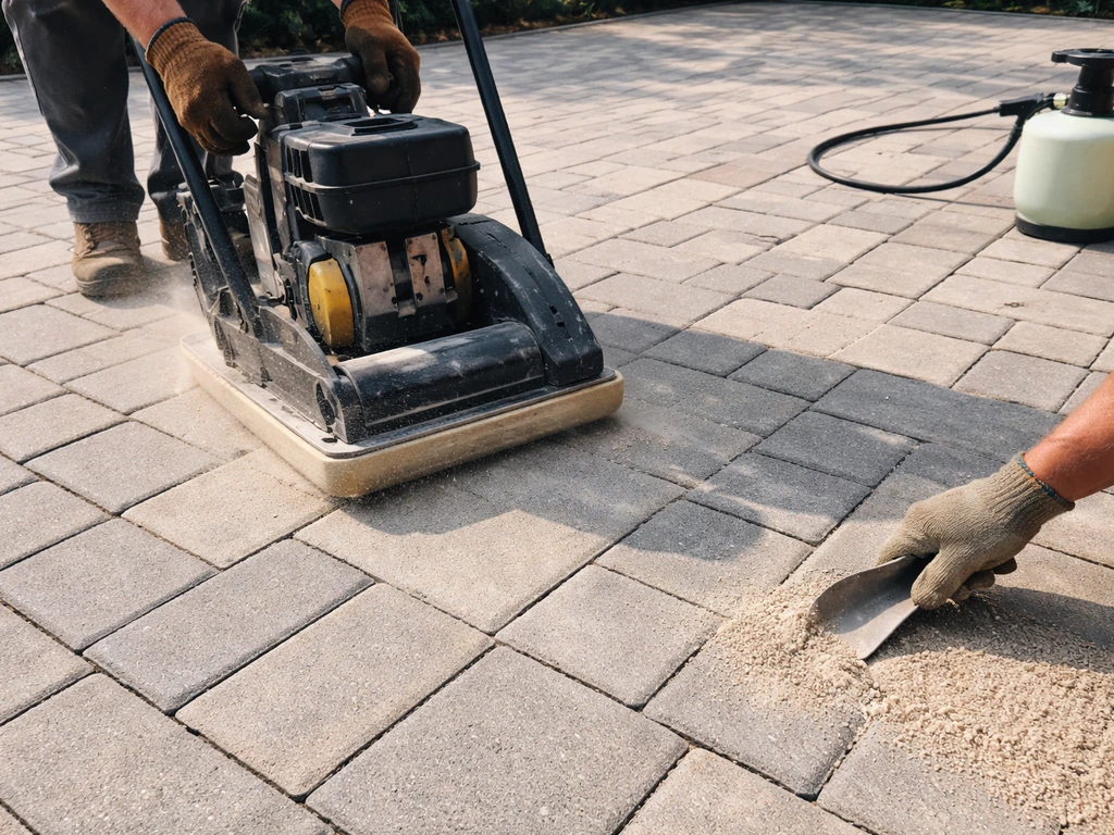 Plate compactor moves over pavers while polymeric jointing sand fills the gaps before sealing.