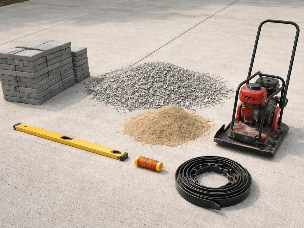 DIY paver patio materials and tools neatly staged on a driveway: pavers, gravel, sand, edging, compactor, level