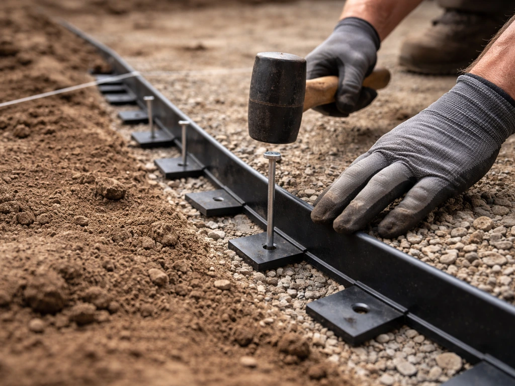 Gloved hands align and spike plastic patio edge restraints along a compacted perimeter in sunlight