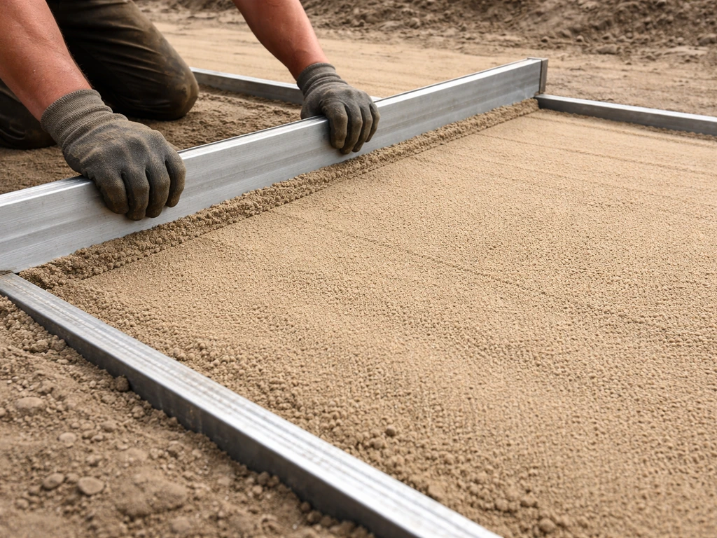 Gloved hands screeding bedding sand flat over screed rails with a straight board