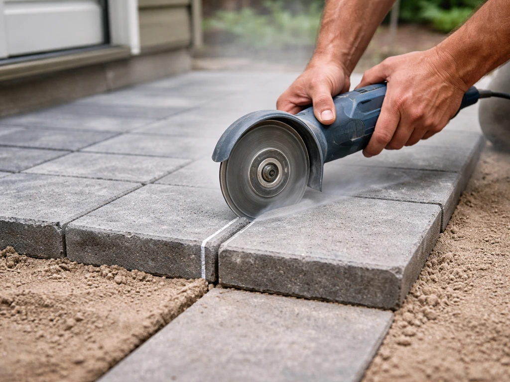 Hands cutting an outdoor paver with an angle grinder along a chalk line, showing the edge fit.
