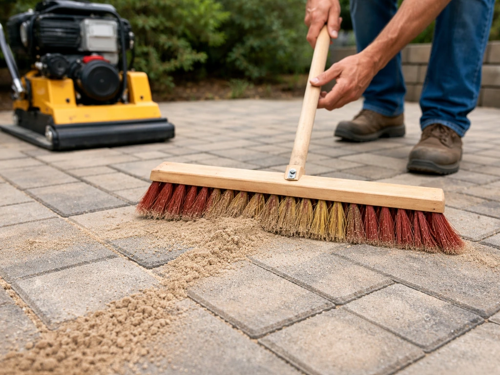 Hands sweeping polymeric sand into paver joints, plate compactor compressing the patio