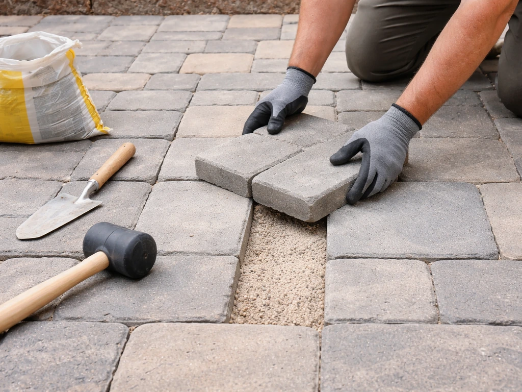 Worker resetting a couple uneven pavers on a patio and re-screeding polymeric sand