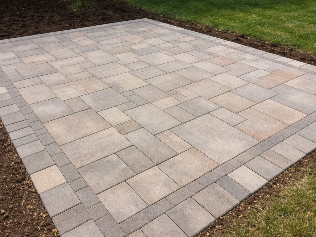 Finished patio pavers with clear joints and a subtle border pattern around the edge.