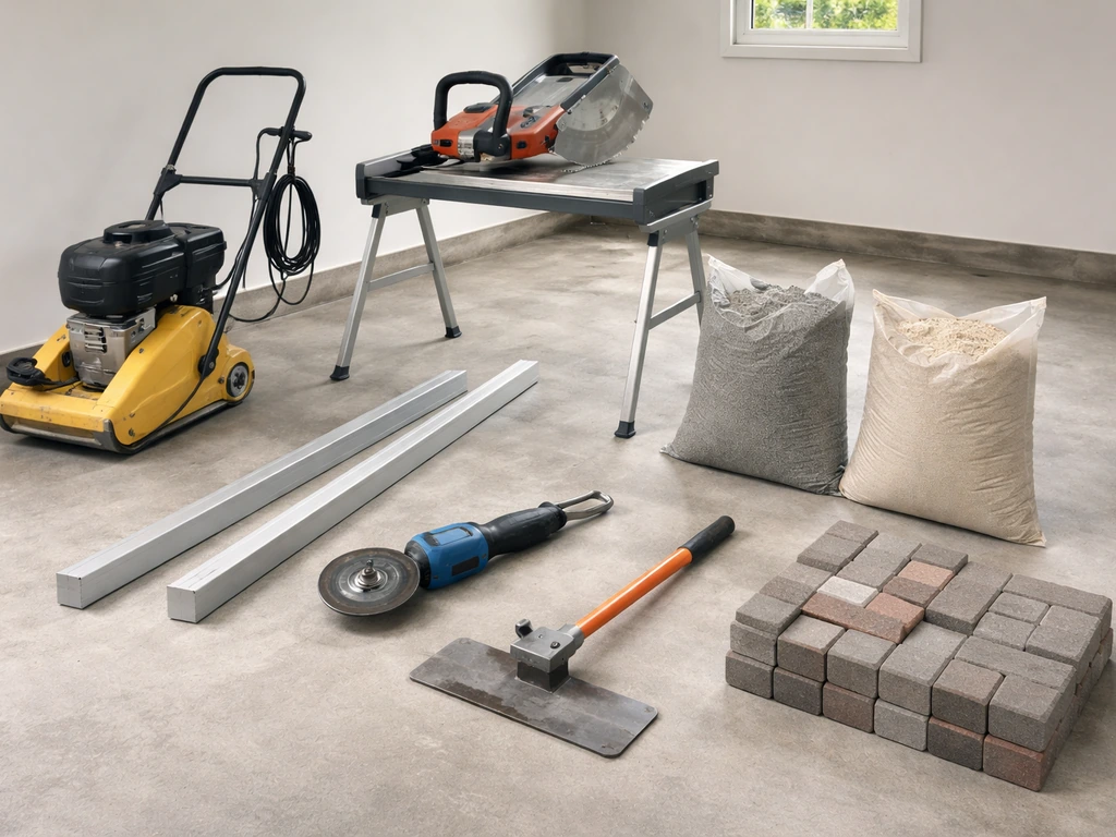 Garage floor staged patio-paver tools and materials, including a plate compactor and paver saw.