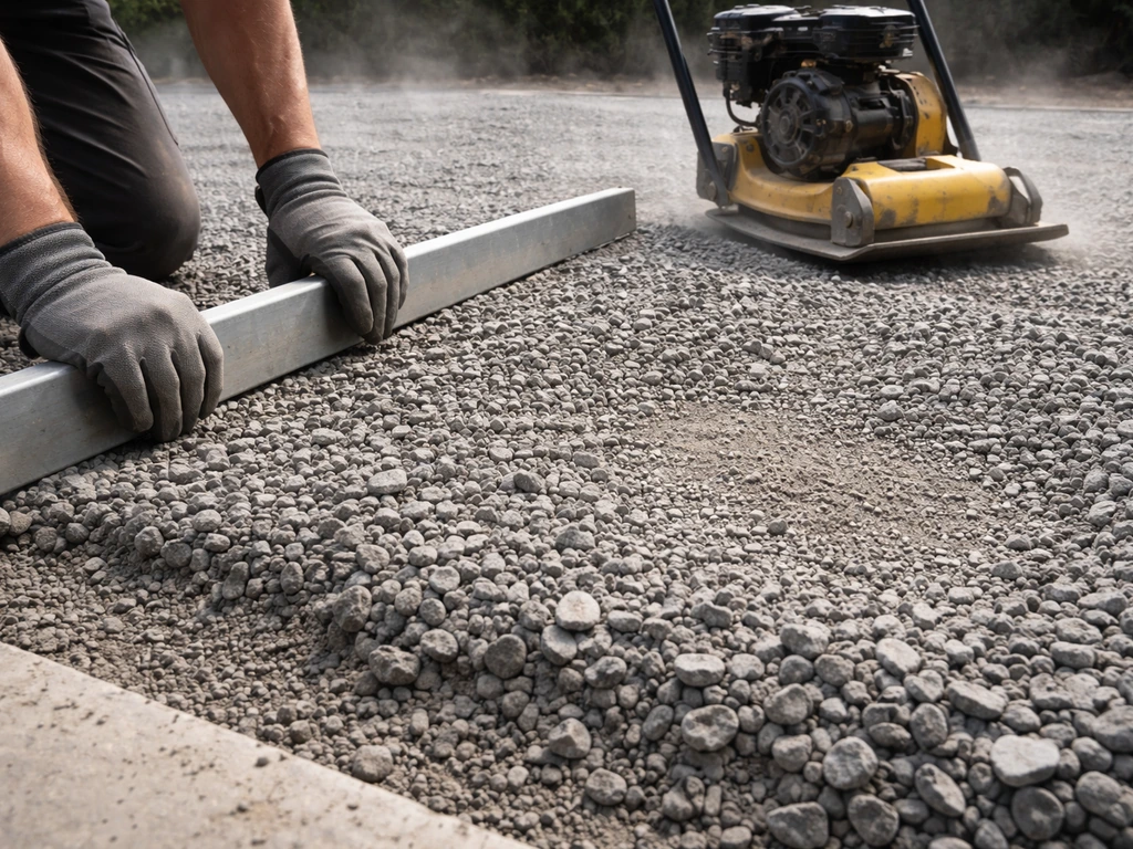 Crushed stone base in lifts being leveled and compacted with a plate compactor for uniform grade.