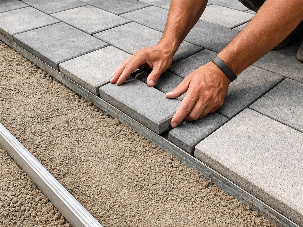 Cut paver placed in a tight border gap on a freshly sanded patio base, hands aligning spacing.