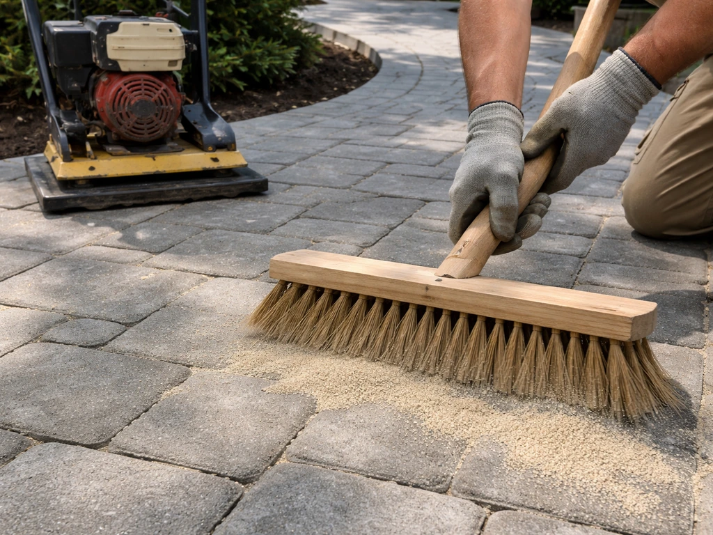 Broom sweeping polymeric sand into paver joints while a plate compactor with a rubber pad runs nearby.