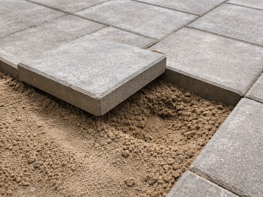Lifted paver showing uneven sand bed next to level pavers, illustrating lippage troubleshooting.