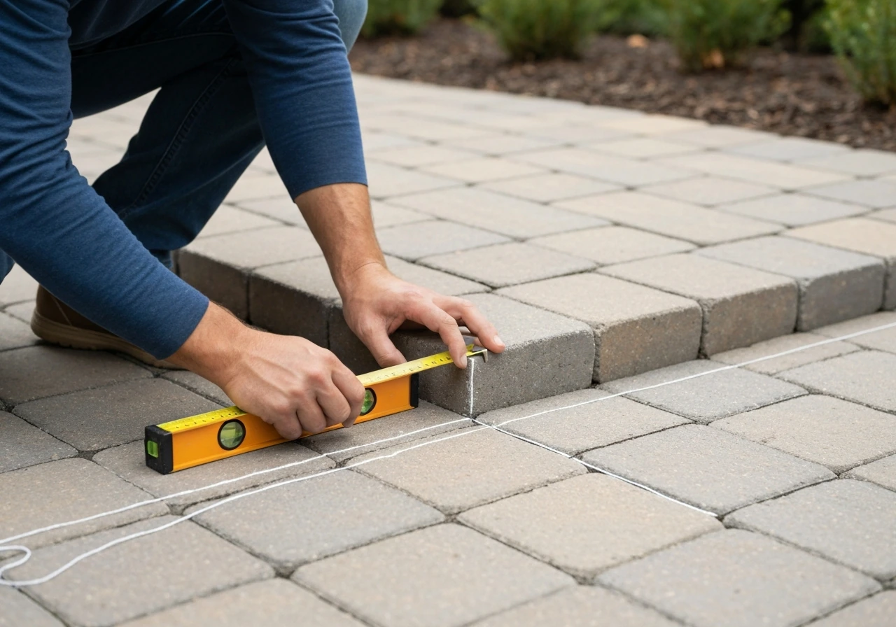 Homeowner measures patio step riser and tread with a tape measure and level on the stone layout.