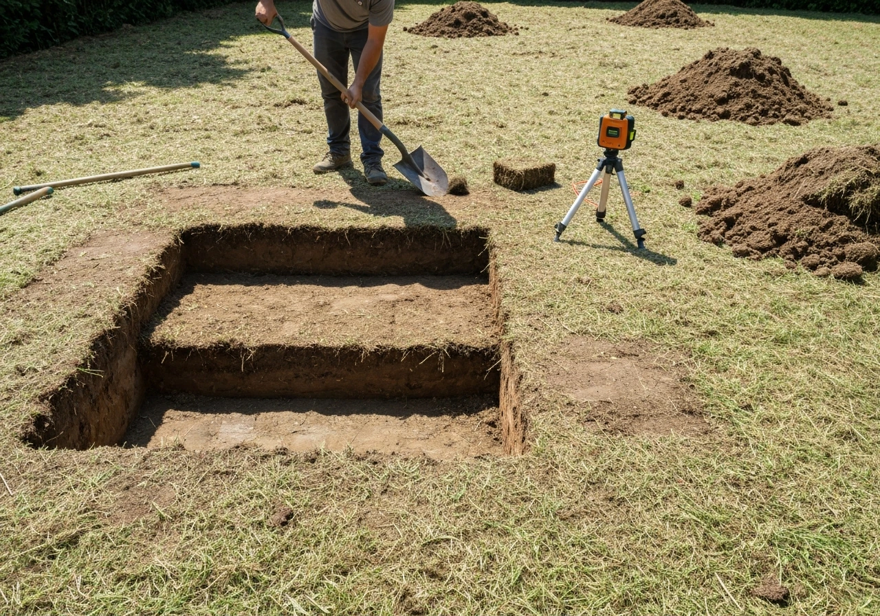 Worker excavates and levels stepped platforms on uneven ground, removing sod and exposed soil for stairs.