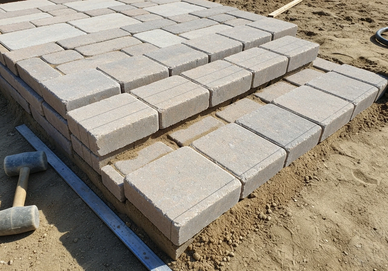 Stone pavers being dry-fit and aligned on step risers and treads, showing cut pieces and alignment