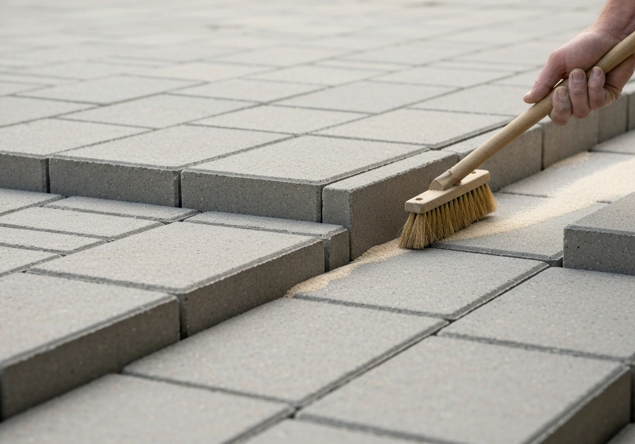 Close-up of a brush sweeping polymeric sand into joints between installed pavers