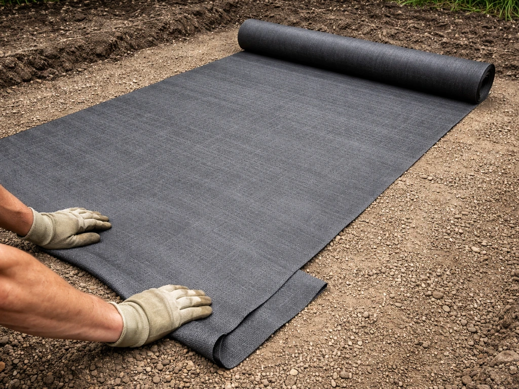 Landscape worker’s hands unroll geotextile fabric over compacted patio subsoil, edges overlapped.
