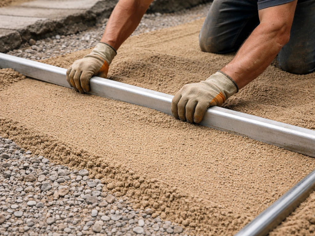 Worker screeds coarse bedding sand level using parallel guide rails on compacted gravel.
