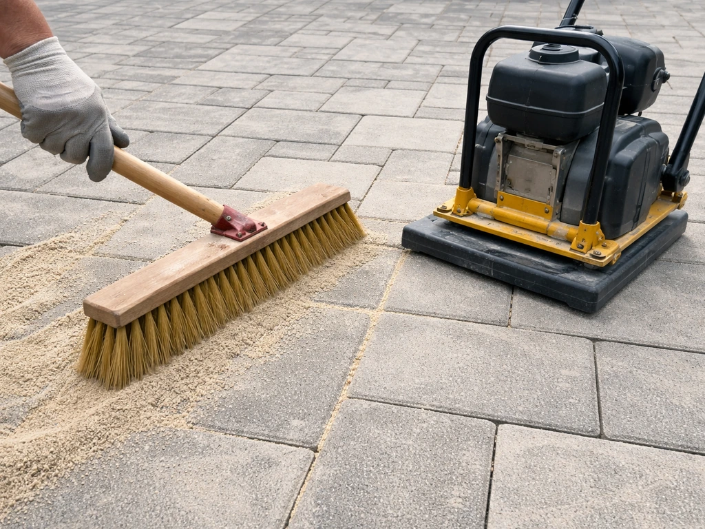 Person sweeping polymeric sand into patio paver joints, then compacting with a plate compactor on a rubber mat.