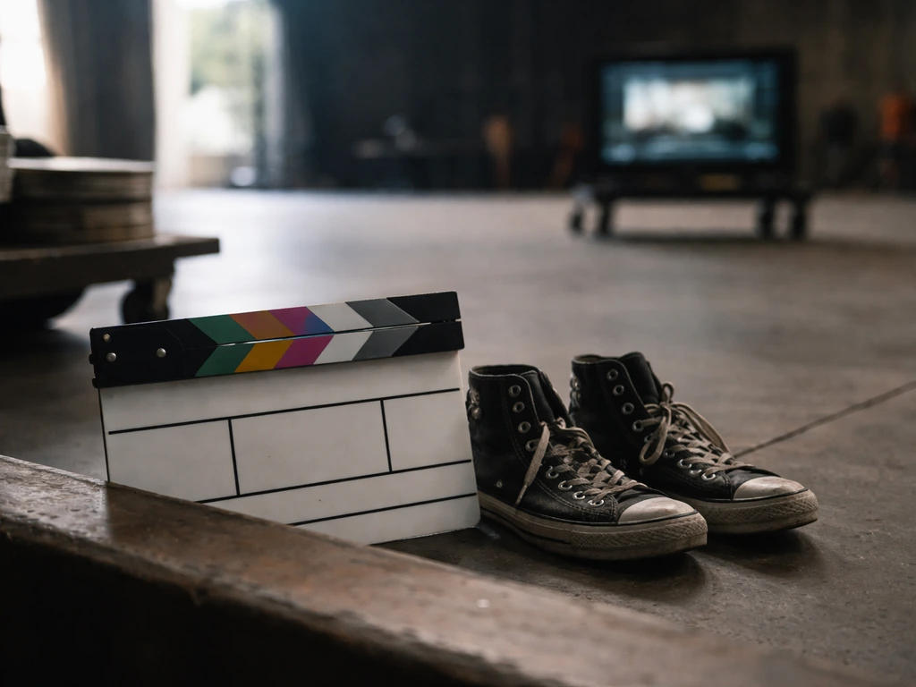 Film slate and worn production shoes on a quiet studio soundstage with blurred background equipment.