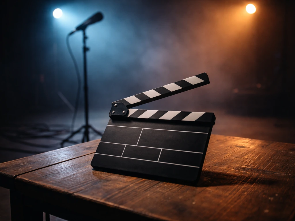 Film set scene with a clapperboard and dark moody lighting, evoking a 2023 action thriller directing credit