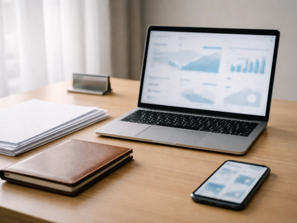 Minimal photo of a quiet modern office desk with laptop, documents, and a smartphone showing a finance webpage