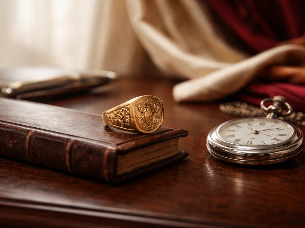 Ornate signet ring and luxury desk items on wood with draped fabric background, symbolizing nobility and finance.