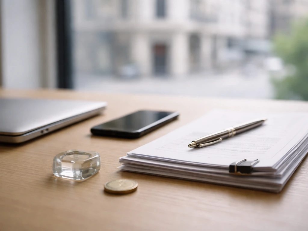 Minimal due-diligence desk with laptop, documents, pen, and gold coin suggesting wealth assessment from public info.