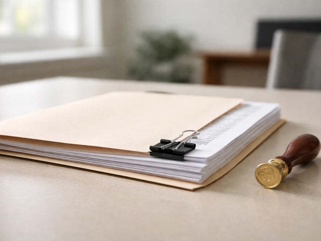 Close-up of a nonprofit filing folder and board meeting minutes on a desk with a blurred seal stamp
