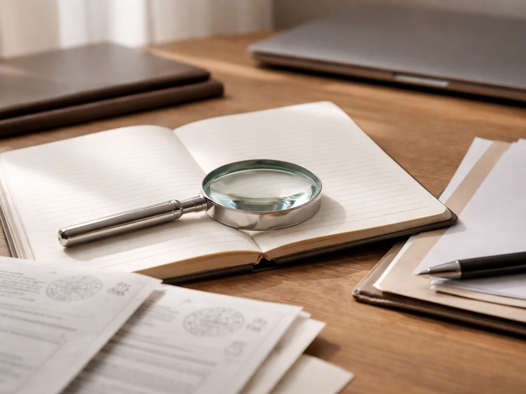 Minimal photo of an open notebook with Italian documents, a magnifying glass, and a laptop—hinting verification steps.