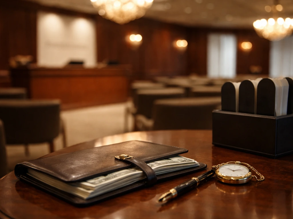 Minimal photo of a Christie's-style auction room with money-themed details, suited for a net worth estimate article.