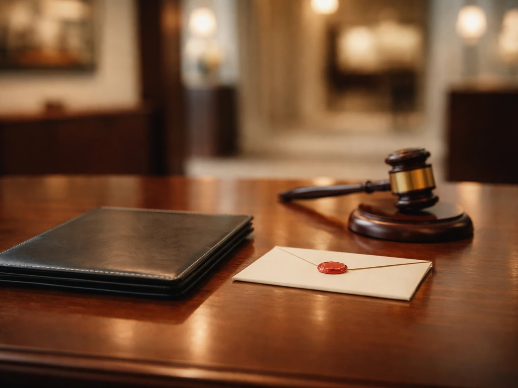 Auction house office desk with a sealed envelope and a blurred gavel, hinting at art executive identity