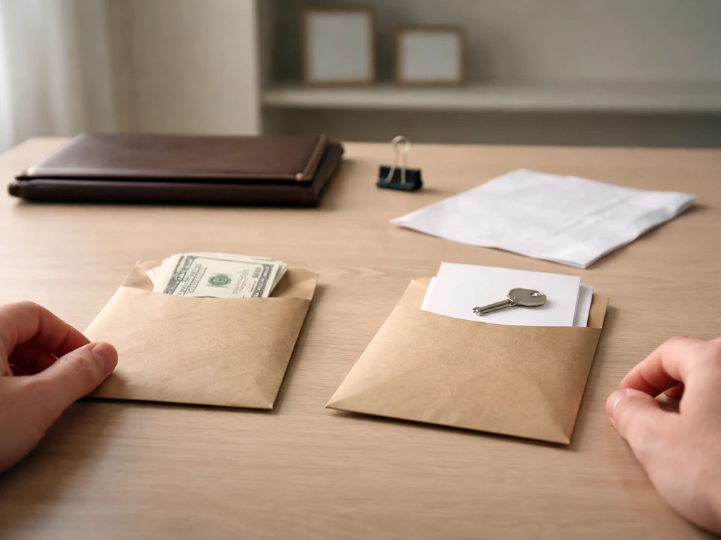Minimal desk scene showing asset vs liability concept with money envelopes and a closed folder