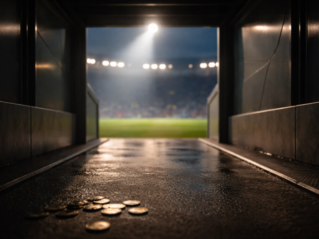 Dusk-lit stadium tunnel with a spotlight and scattered coins suggesting earnings and net worth estimation.