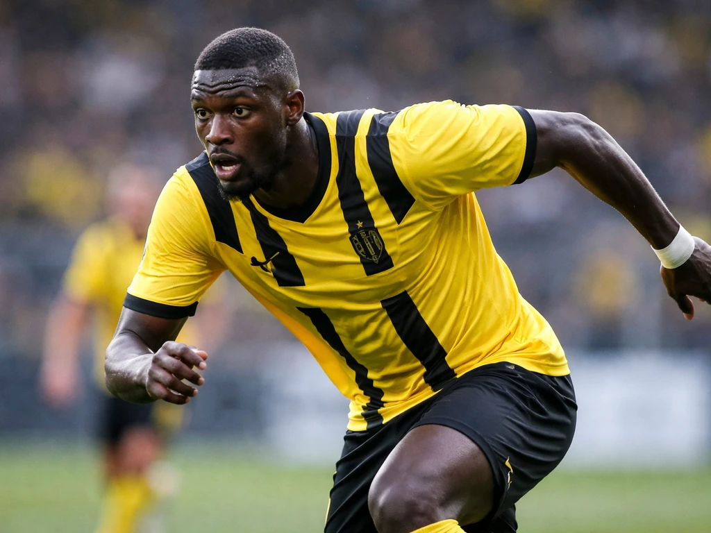 Serhou Guirassy in a Borussia Dortmund match kit on the pitch, captured in natural match action.