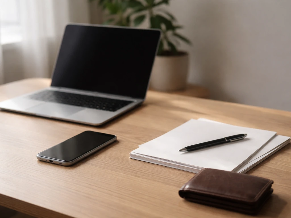 Minimal office desk scene with scattered papers and a smartphone, suggesting building a salary-to-net-worth model
