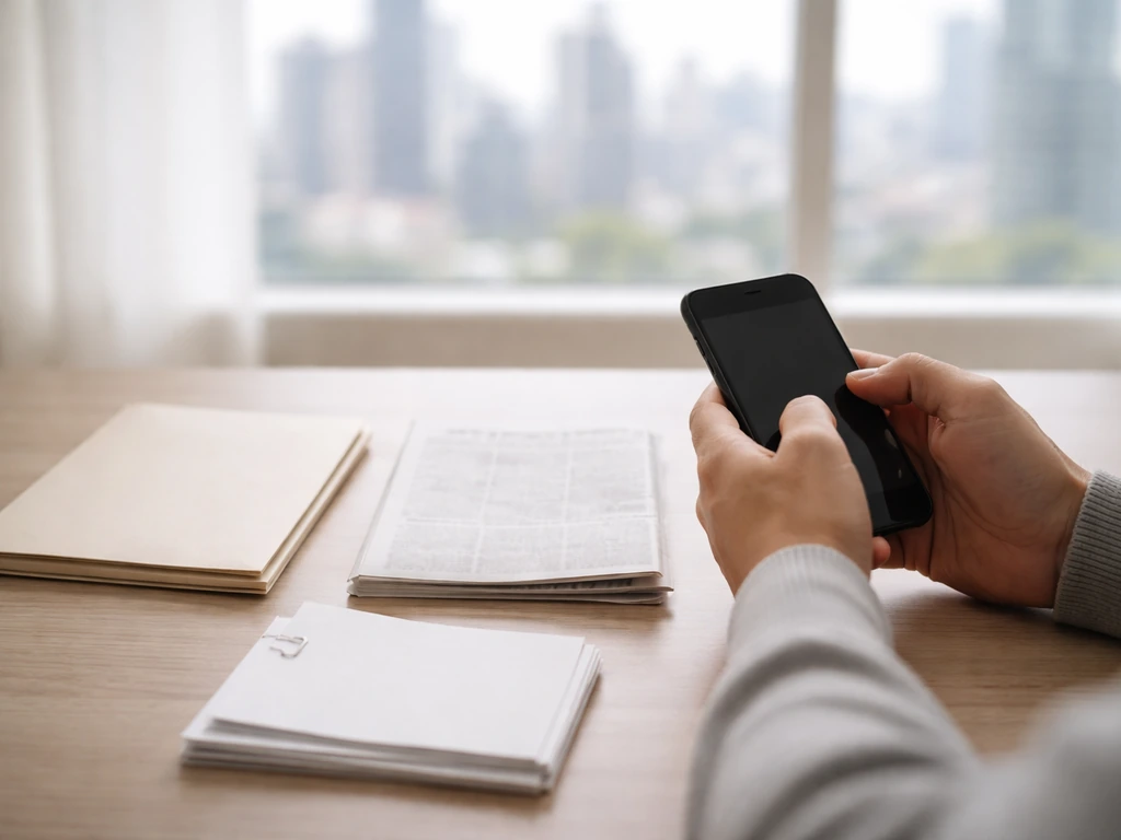 Hands on a desk with smartphone and blank documents, symbolizing checking sources for a net worth estimate.
