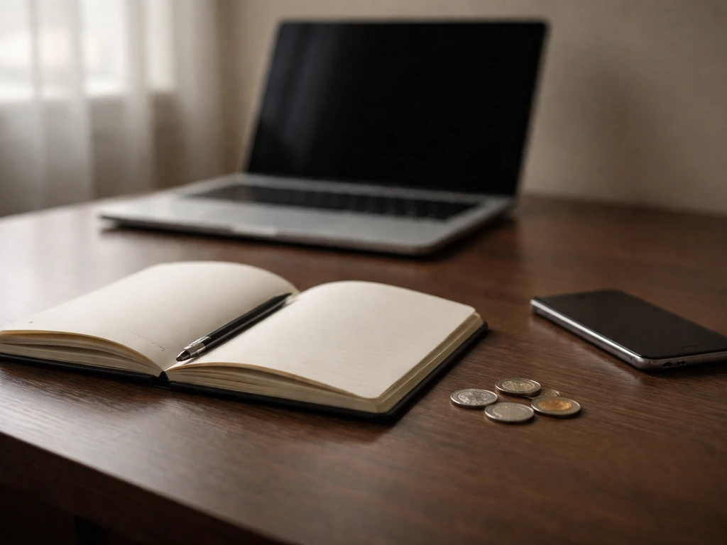 Minimal photo of a dark desk with a laptop, open notebook, and scattered coins, symbolizing a financial estimate range.