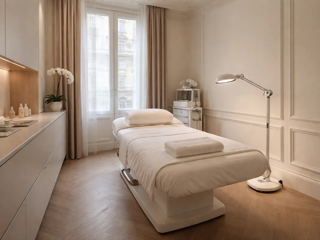 Minimal photo of a luxury cosmetic clinic treatment room with soft light and elegant decor