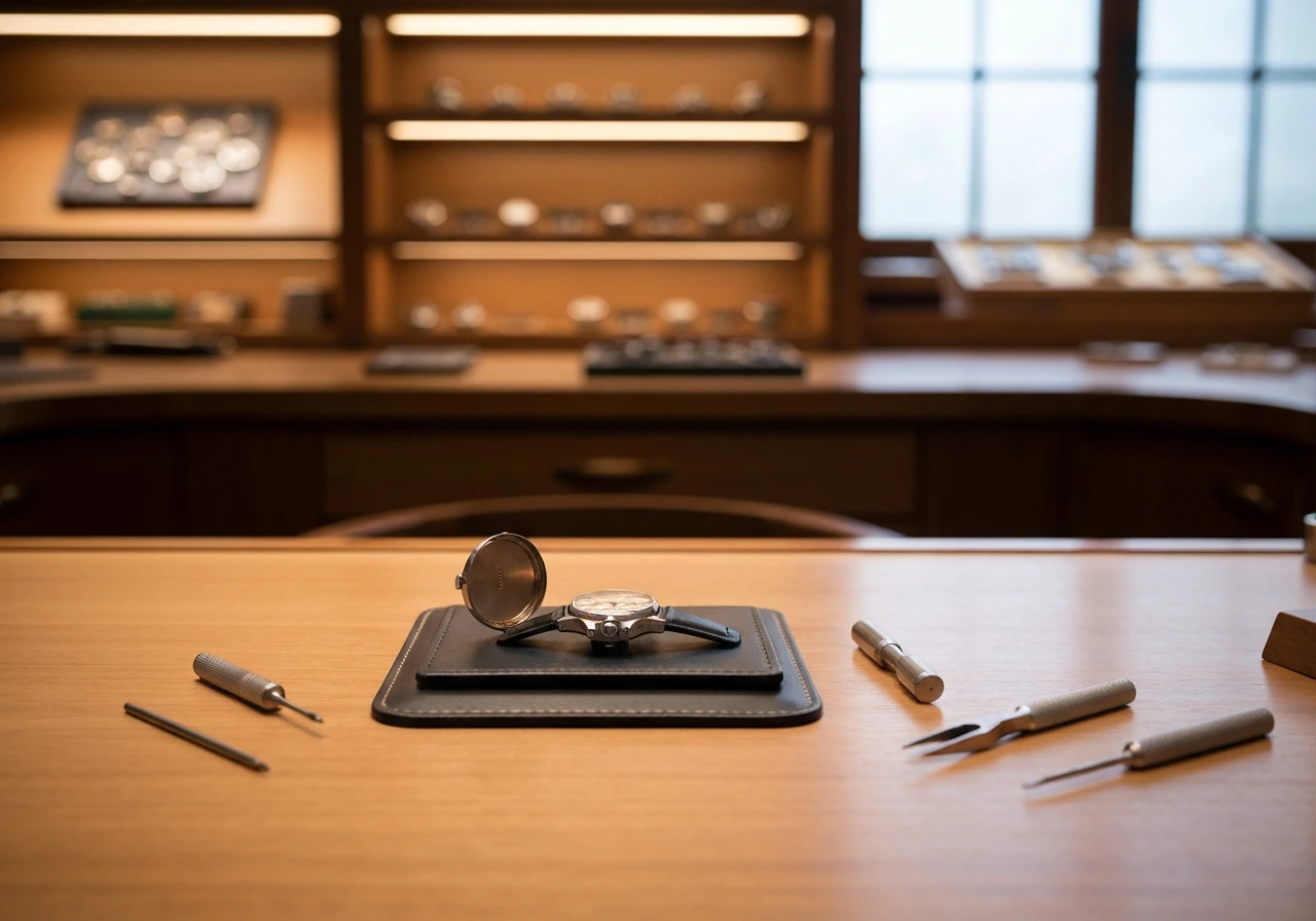Luxury watchmaking atelier scene with a workshop workbench, tools, and a softly lit watch case symbolizing wealth