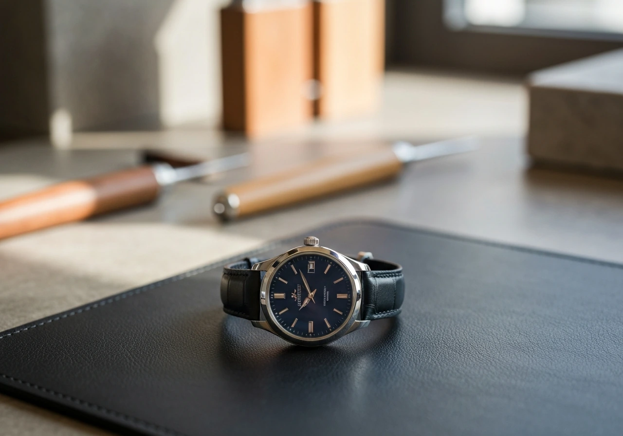 Close-up of a luxury Swiss wristwatch on a leather desk mat in a quiet workshop setting.